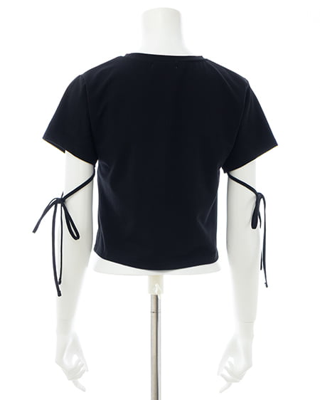 INGNI（イング） ビジュー飛ばし袖リボンレースロゴTシャツ ｸﾛ/ｵﾌﾎﾜｲﾄ