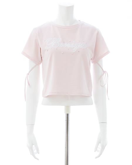 INGNI（イング） ビジュー飛ばし袖リボンレースロゴTシャツ ﾗｲﾄﾋﾟﾝｸ/ｵﾌﾎﾜｲﾄ