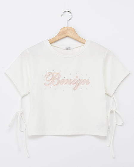 ビジュー飛ばし袖リボンレースロゴTシャツ