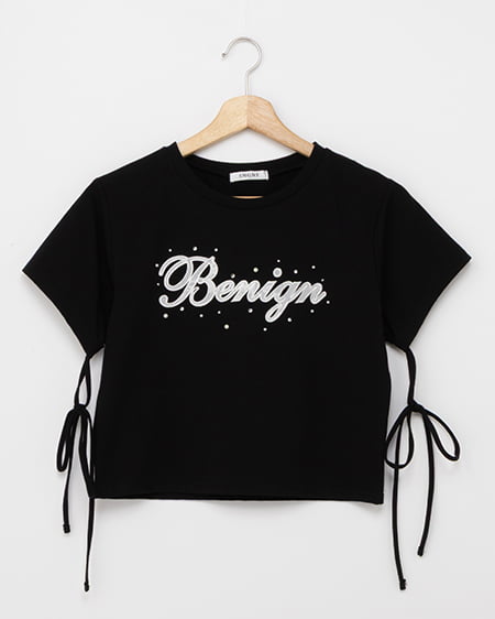 ビジュー飛ばし袖リボンレースロゴTシャツ