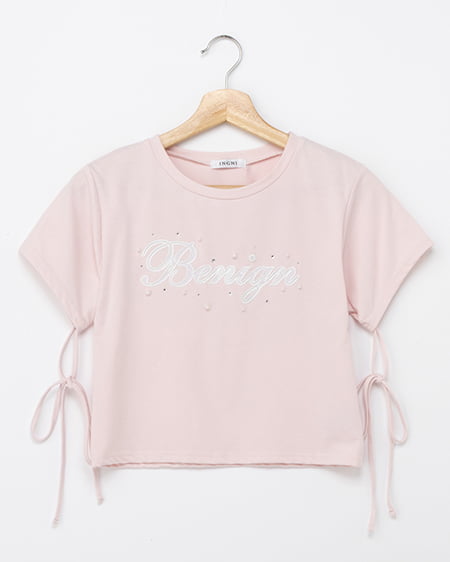 ビジュー飛ばし袖リボンレースロゴTシャツ