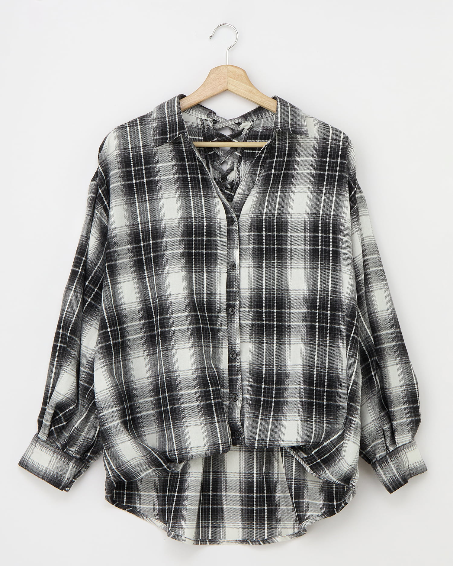 バックレースアップチェック柄裾タックシャツ