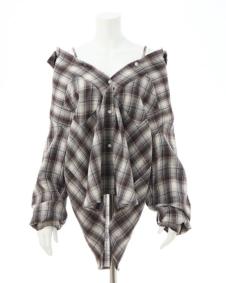 INGNI（イング） 2Wayオフショルチェック柄シャツ ﾌﾞﾗｳﾝ/ﾁｪｯｸ