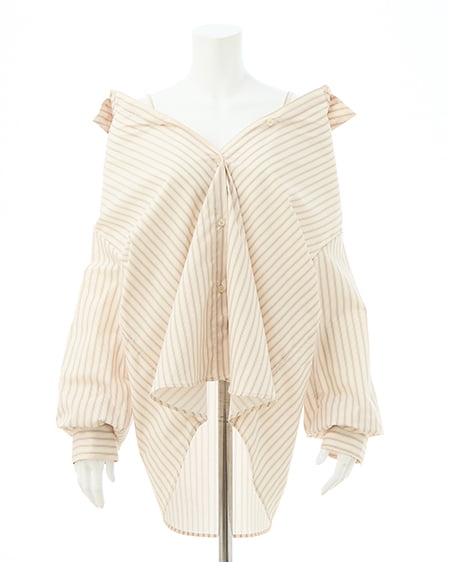INGNI（イング） 2Wayオフショルストライプ柄シャツ ﾍﾞｰｼﾞｭ/ｽﾄﾗｲﾌﾟ