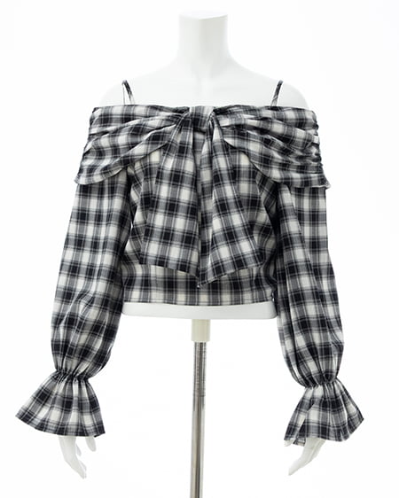 INGNI(イング) リボンオフショルチェック柄ブラウス クロ/チェック