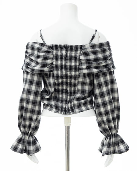 INGNI(イング) リボンオフショルチェック柄ブラウス クロ/チェック