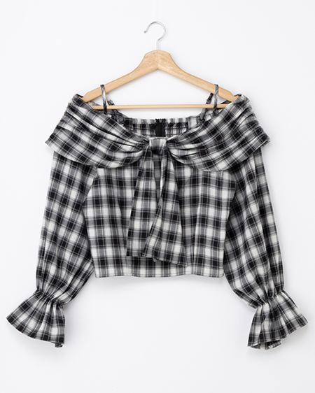 リボンオフショルチェック柄ブラウス