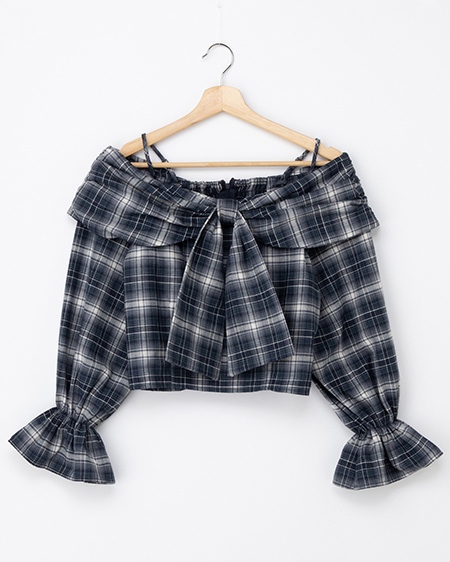 リボンオフショルチェック柄ブラウス