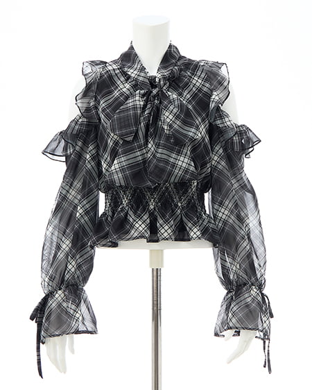 INGNI（イング） 2Wayリボンアソート柄肩あきフリルブラウス ｸﾛ/ﾁｪｯｸ