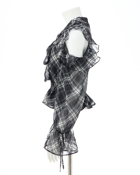 INGNI（イング） 2Wayリボンアソート柄肩あきフリルブラウス ｸﾛ/ﾁｪｯｸ