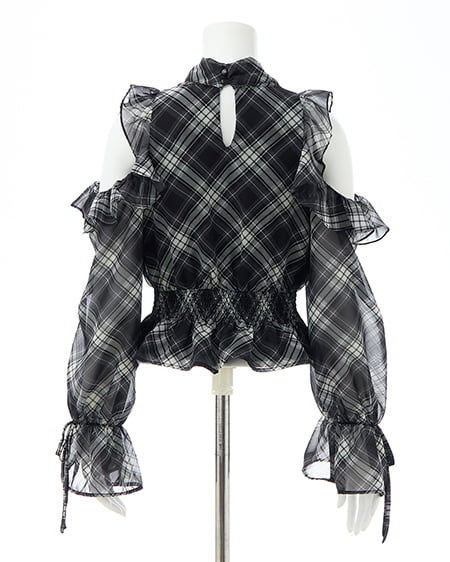 INGNI（イング） 2Wayリボンアソート柄肩あきフリルブラウス ｸﾛ/ﾁｪｯｸ