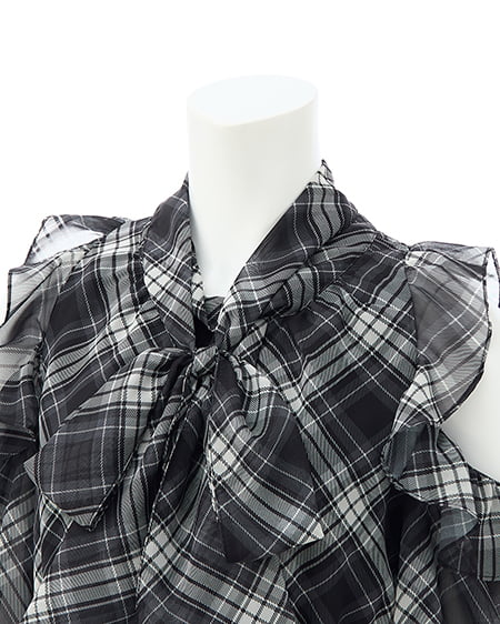 INGNI（イング） 2Wayリボンアソート柄肩あきフリルブラウス ｸﾛ/ﾁｪｯｸ