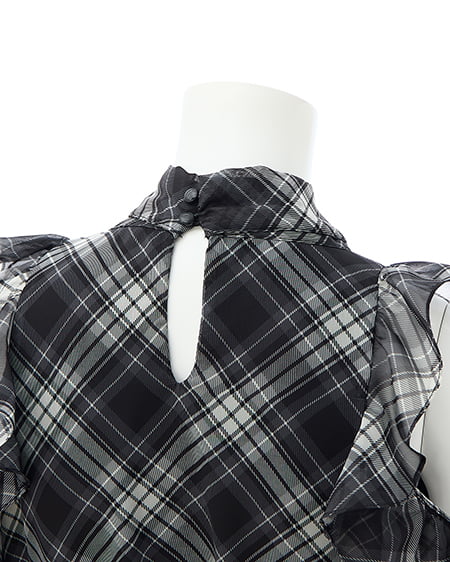 INGNI（イング） 2Wayリボンアソート柄肩あきフリルブラウス ｸﾛ/ﾁｪｯｸ