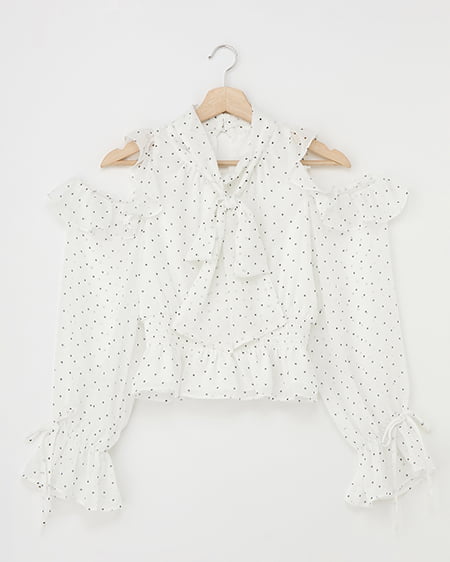 2Wayリボンアソート柄肩あきフリルブラウス