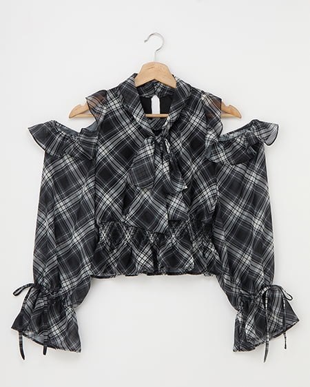 INGNI(イング) 2Wayリボンアソート柄肩あきフリルブラウス ｸﾛ/ﾁｪｯｸ