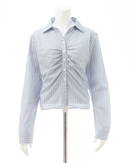 INGNI（イング） チェック柄ギャザークロップドシャツ ﾌﾞﾙｰ/ｽﾄﾗｲﾌﾟ