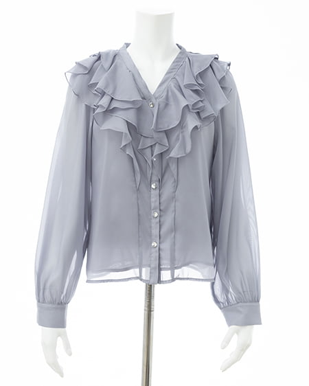 INGNI(イング) 装飾ボタンフリルシアーブラウス ブルーグレー