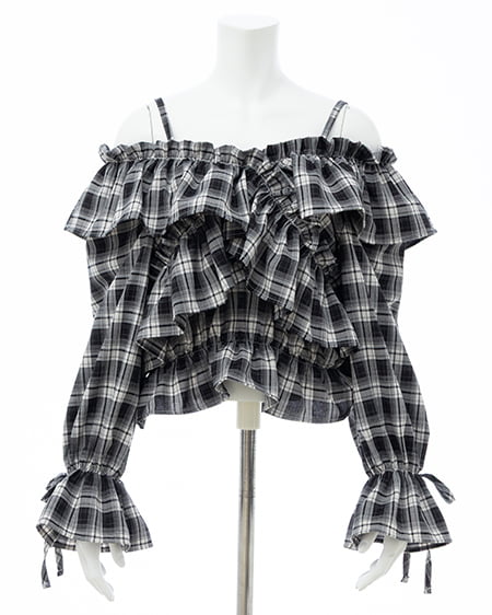 INGNI（イング） クロスフリルオフショルブラウス ｸﾛ/ﾁｪｯｸ