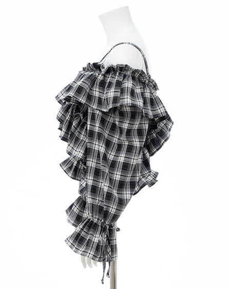 INGNI（イング） クロスフリルオフショルブラウス ｸﾛ/ﾁｪｯｸ