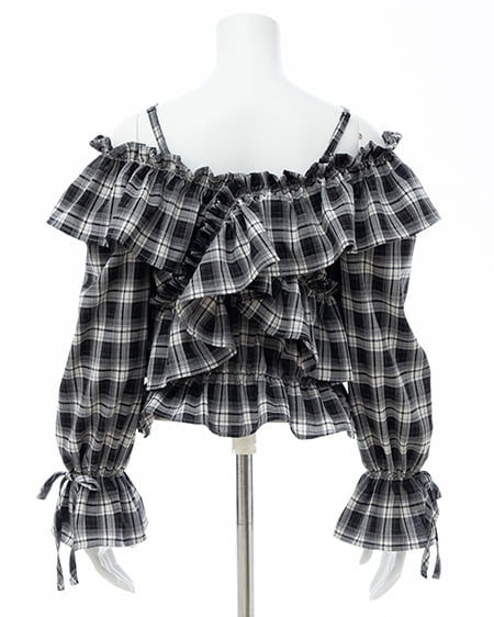 INGNI（イング） クロスフリルオフショルブラウス ｸﾛ/ﾁｪｯｸ