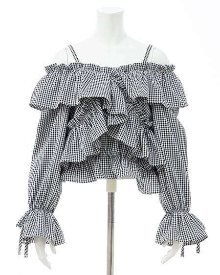 INGNI（イング） クロスフリルオフショルブラウス ｸﾛ/ｷﾞﾝｶﾞﾑ