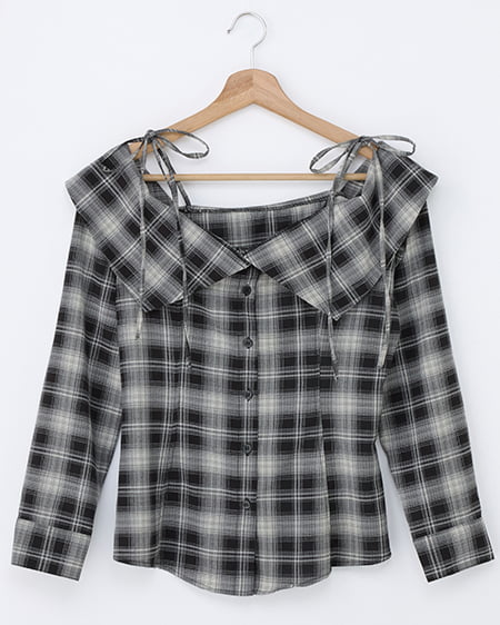 オフショルチェックブラウス