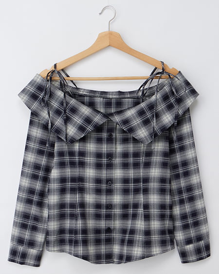 オフショルチェックブラウス