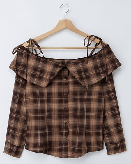 オフショルチェックブラウス