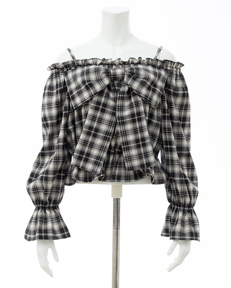 INGNI（イング） ビッグリボンチェック柄オフショルブラウス ｸﾛ/ﾁｪｯｸ