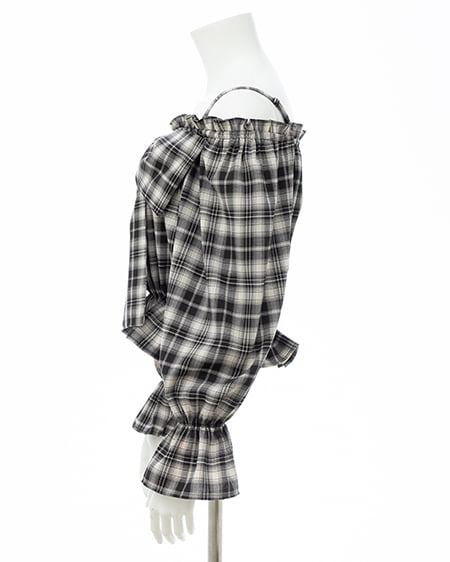 INGNI（イング） ビッグリボンチェック柄オフショルブラウス ｸﾛ/ﾁｪｯｸ