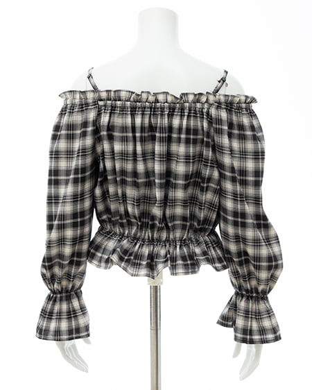 INGNI（イング） ビッグリボンチェック柄オフショルブラウス ｸﾛ/ﾁｪｯｸ