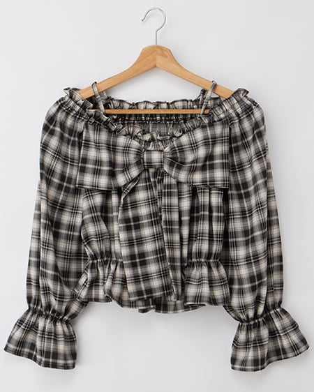 ビッグリボンチェック柄オフショルブラウス