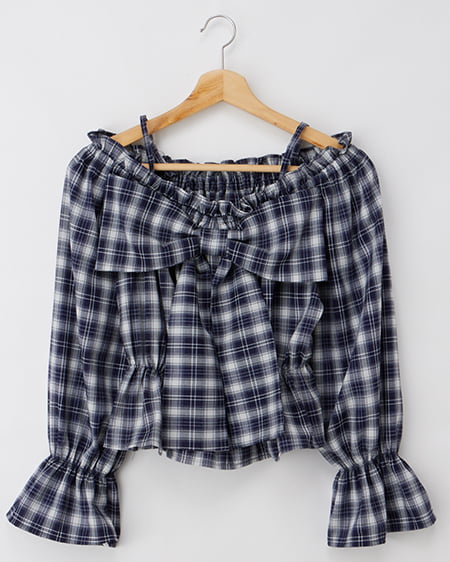 ビッグリボンチェック柄オフショルブラウス