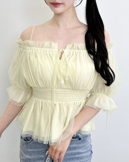 チュールオフショル半袖ブラウス