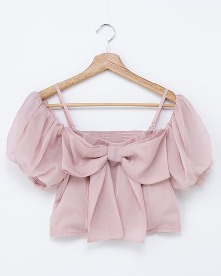 ビッグリボンシアーオフショルブラウス