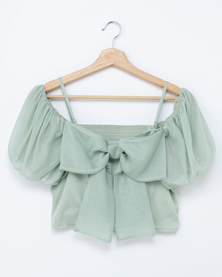 ビッグリボンシアーオフショルブラウス