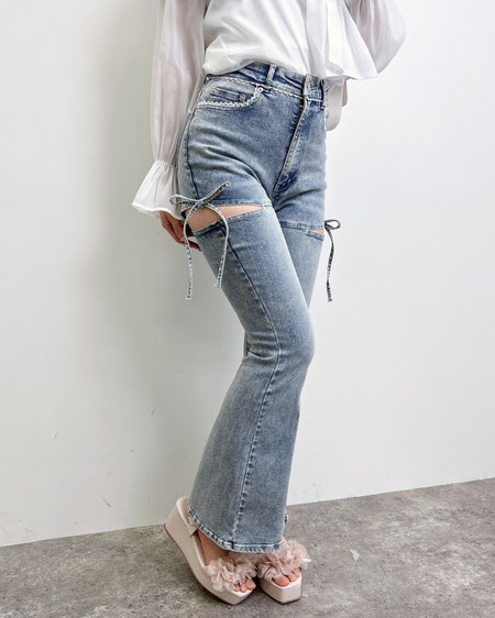 サイドリボンフレアデニムパンツ