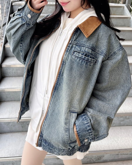 襟袖異素材フロントジップデニムジャケット