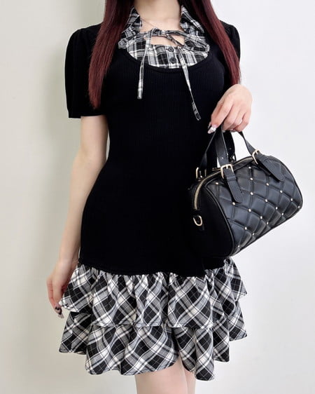 チェックシャツドッキングニットワンピース