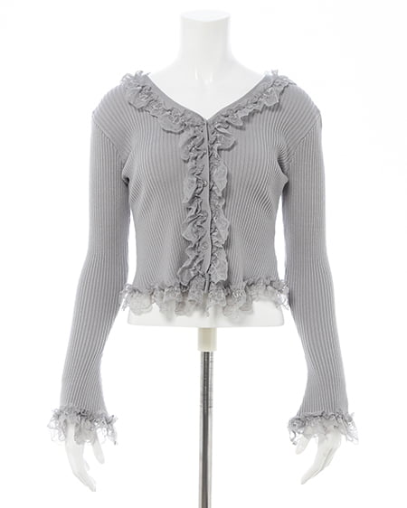 INGNI（イング） フリルレースドッキングリブニットカーディガン ｸﾞﾚｰ