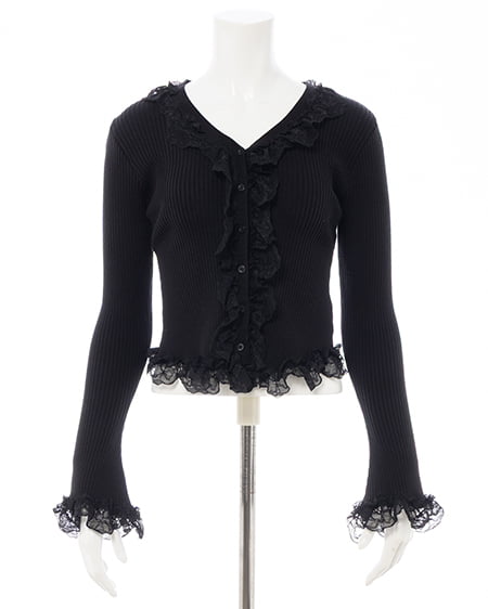 INGNI（イング） フリルレースドッキングリブニットカーディガン ｸﾛ