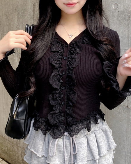 フリルレースドッキングリブニットカーディガン