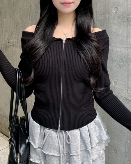 襟付オフショルニットカーディガン