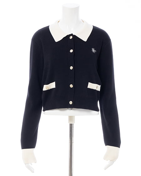 INGNI（イング） 襟付配色金ボタンニットカーディガン ｸﾛ/ｵﾌﾎﾜｲﾄ