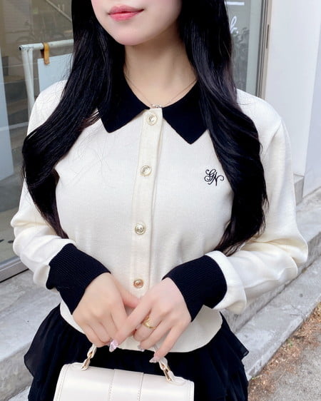 襟付配色金ボタンニットカーディガン