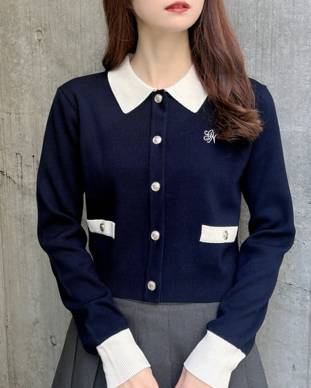 襟付配色金ボタンニットカーディガン