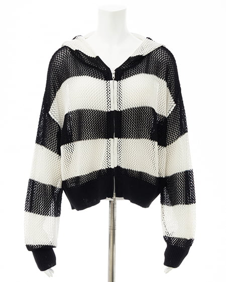 INGNI（イング） ボーダーメッシュニットパーカー ｸﾛ/ｵﾌﾎﾜｲﾄ