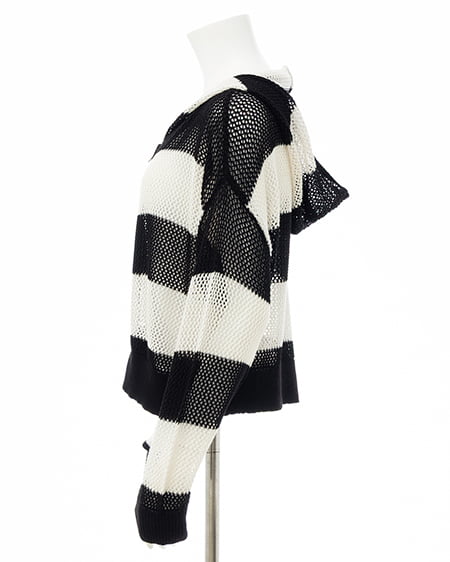 INGNI（イング） ボーダーメッシュニットパーカー ｸﾛ/ｵﾌﾎﾜｲﾄ