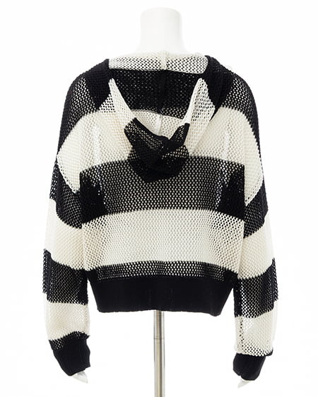 INGNI（イング） ボーダーメッシュニットパーカー ｸﾛ/ｵﾌﾎﾜｲﾄ