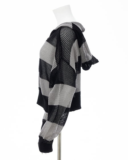 INGNI（イング） ボーダーメッシュニットパーカー ｸﾛ/ｸﾞﾚｰ